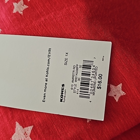Evri women plus size red and white stars t shirt. Size 1x. Still has tags on it. - Picture 7 of 7